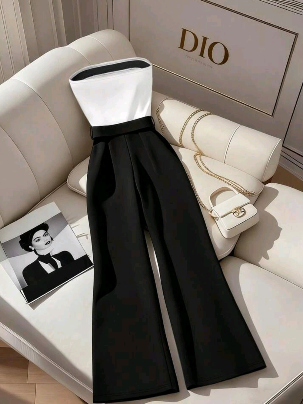 Strapless Black & White Wide-Leg Jumpsuit with Belt - Picture 2 of 4